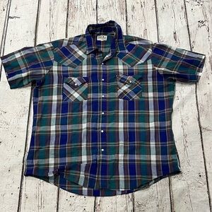 Vintage Ely Cattleman Shortsleeve Western Plaid Rockabilly Button Down Shirt